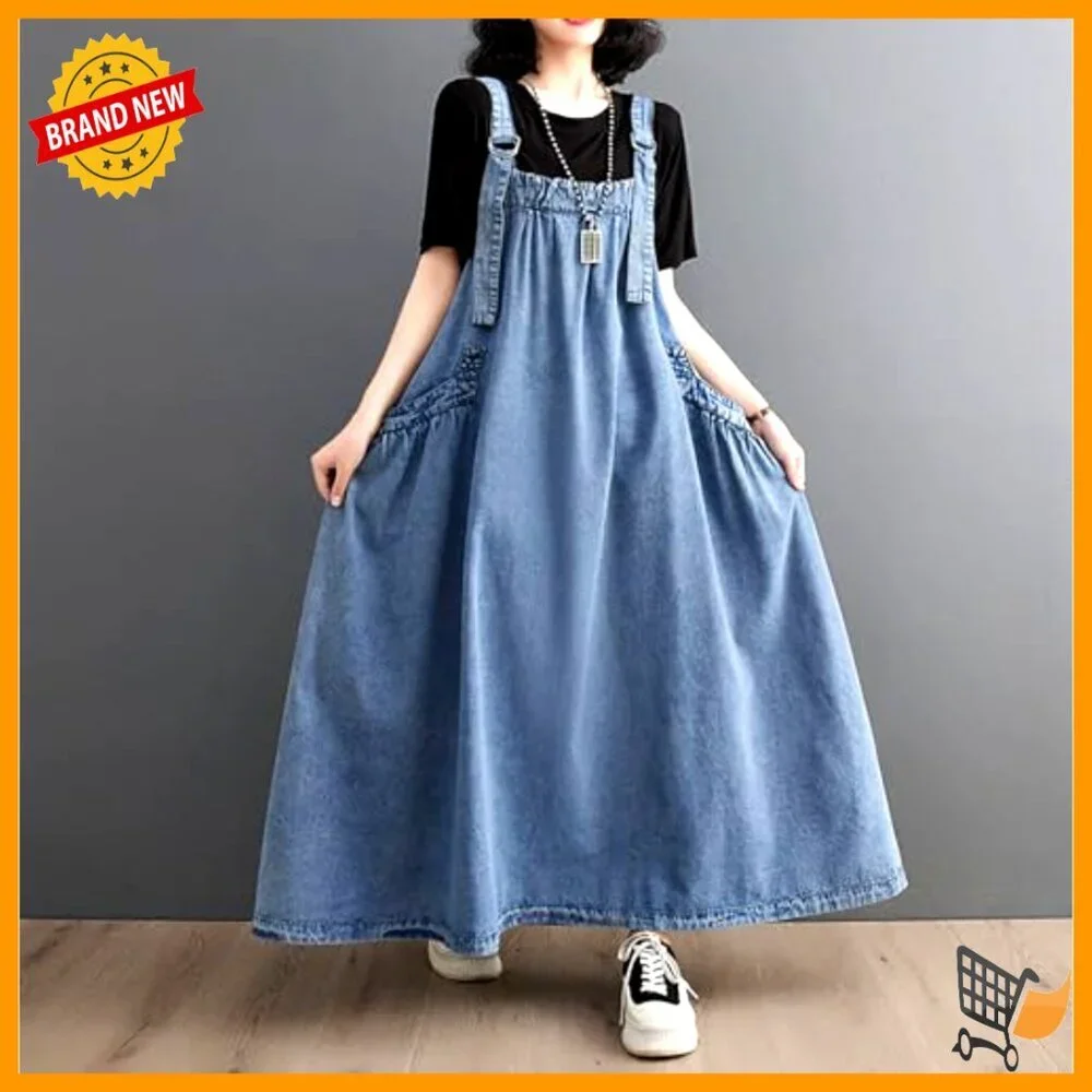 Loose Denim Jumper Dress with Adjustable Straps and Pockets - Picture 6 of 6